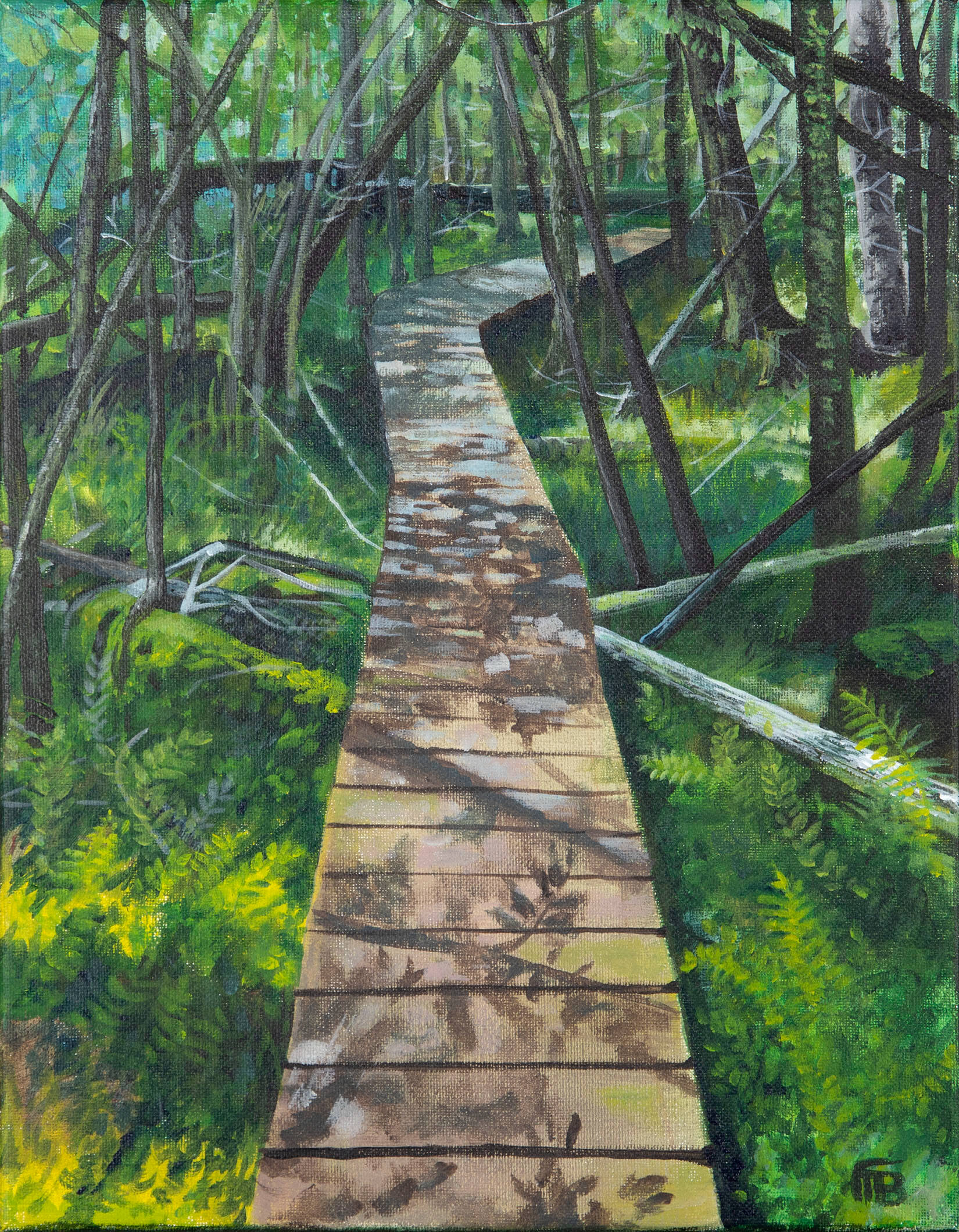 An acrylic painting of a boardwalk going into the forest. There are trees and grass around the board.